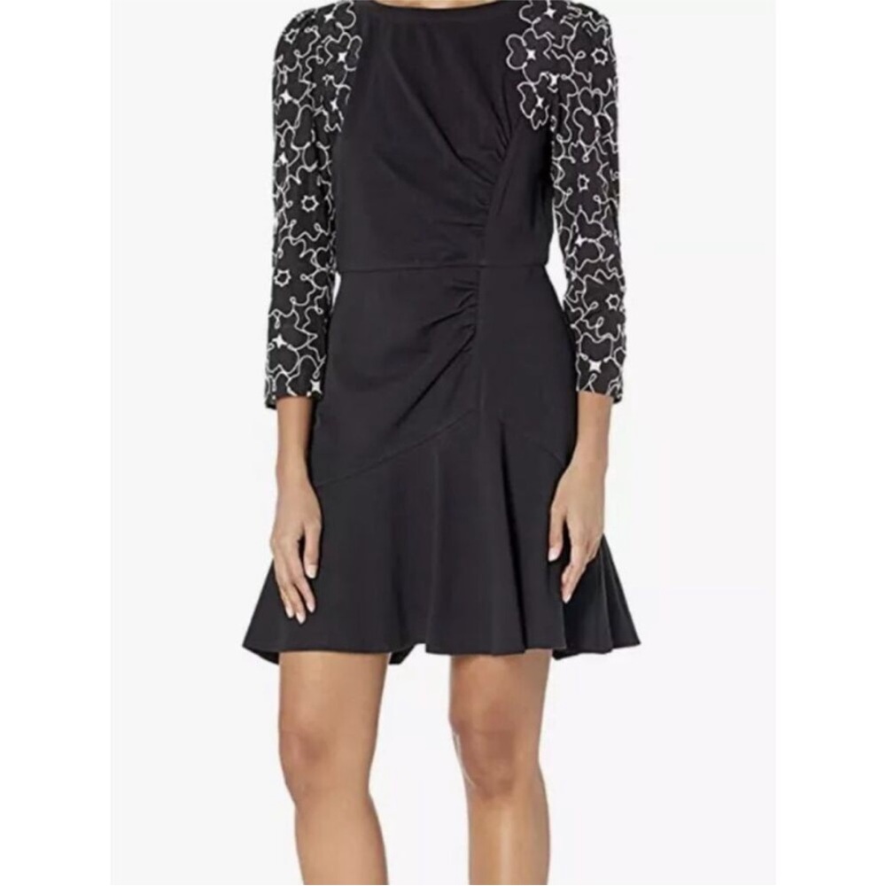 Rebecca Taylor Tai Embroidered Jersey Dress Black Mini Floral Sleeves size 0